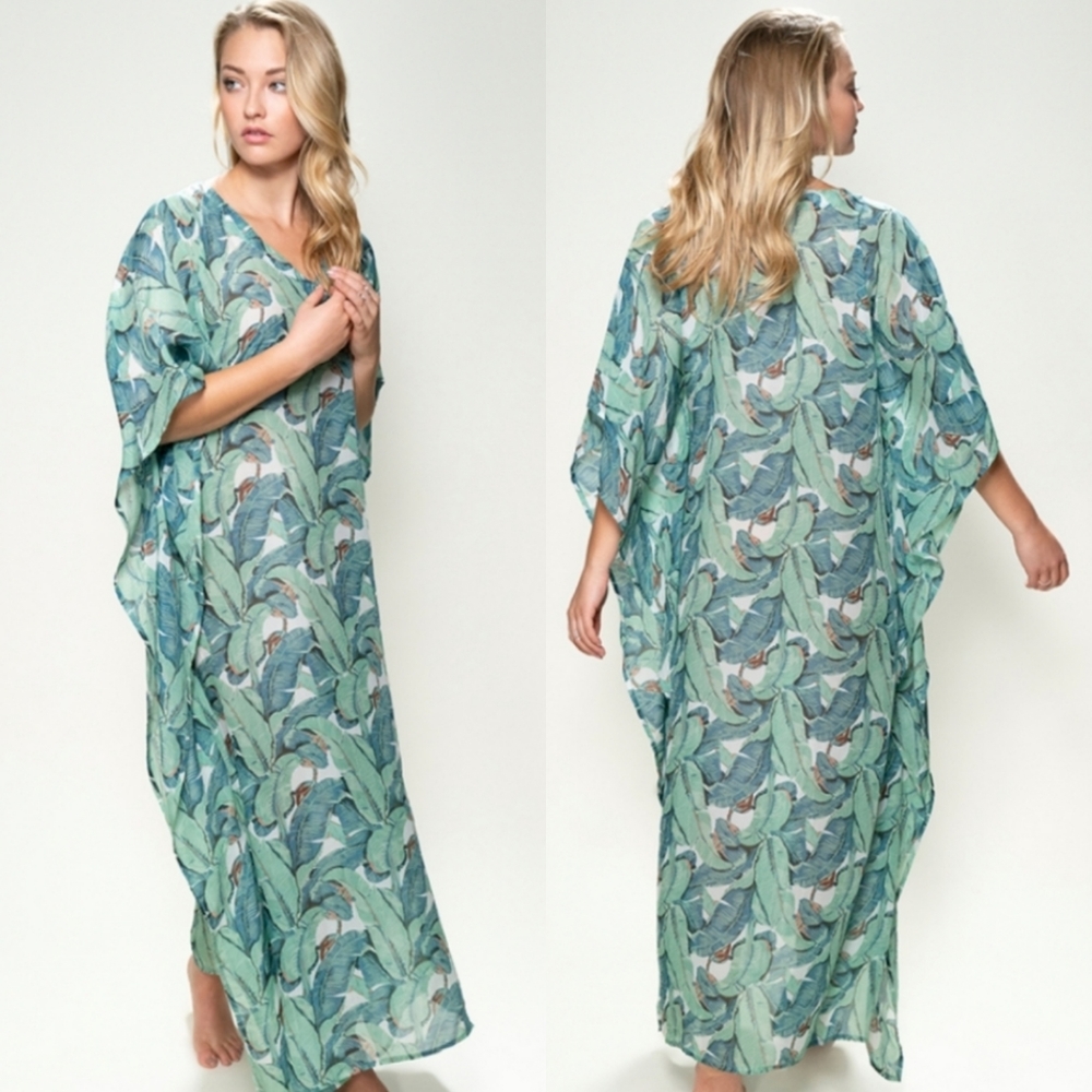 Ayaeo Botanical Palm Green Silk 100% Kaftan Dress Cover Up Size Small / Medium